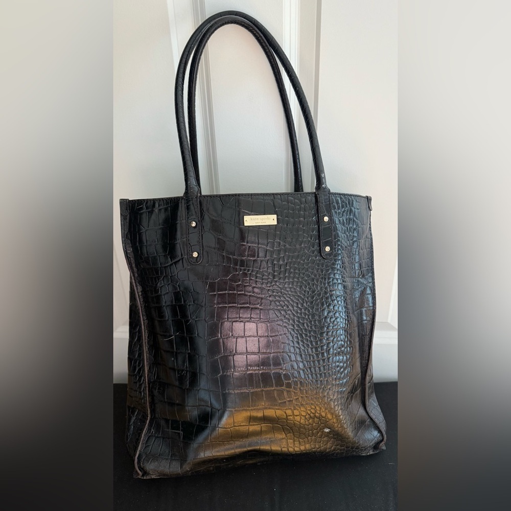 Kate Spade Black Embossed Croc Pattern Leather Tote